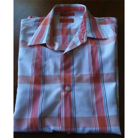 Attitude Youth Boys Button Down Shirt Coral/Orange White Plaid L - Picture 2 of 6
